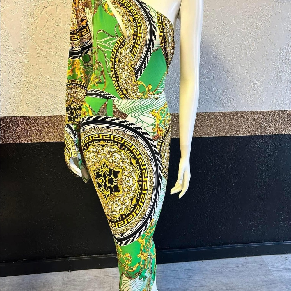 One-Shoulder Green and Gold Patterned Dress